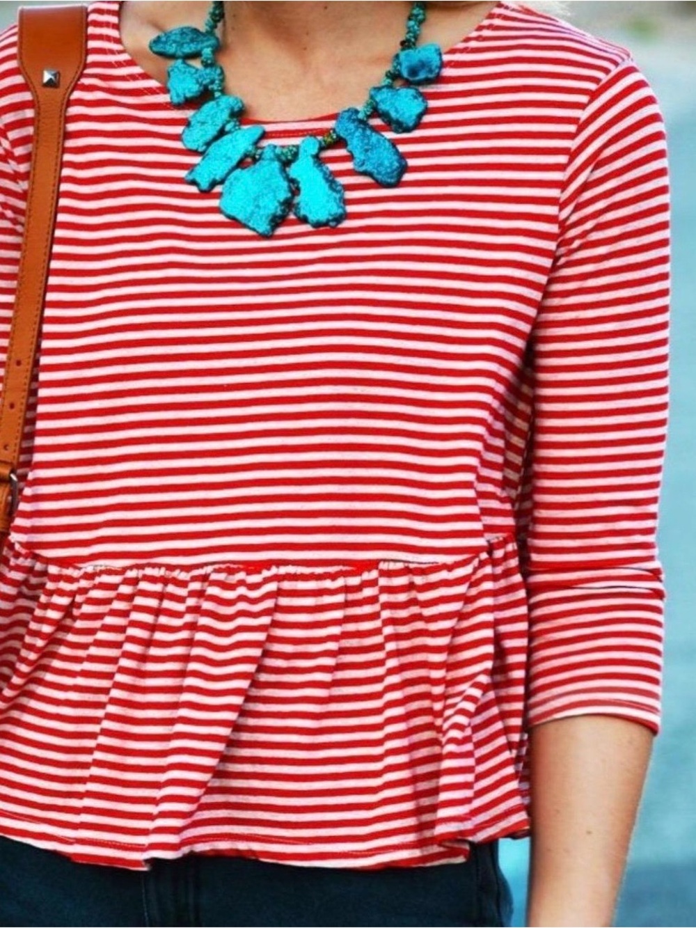 We The Free Red and White Striped Peplum Long-Sleeve Top